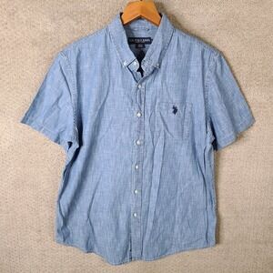 US Polo‎ Assn Shirt Mens Large Blue Chambray Short Sleeve Button Up Cotton